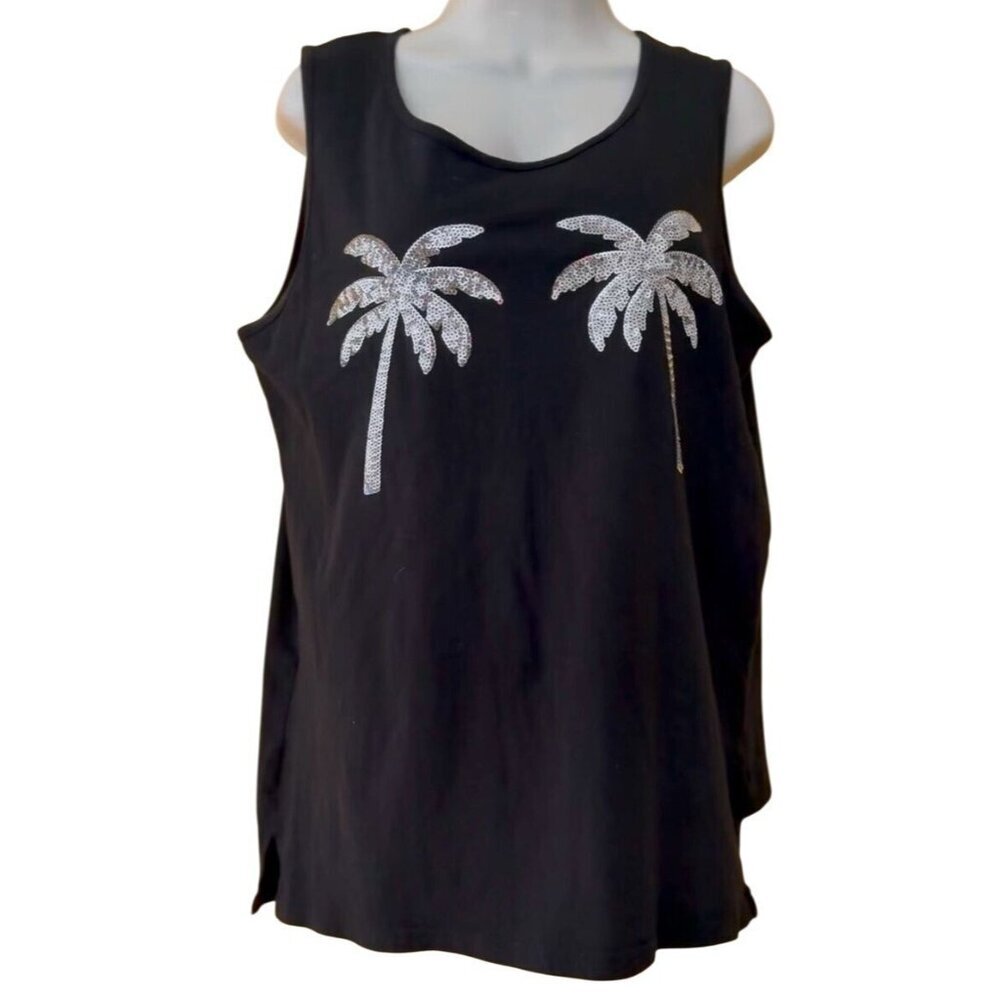Victorias Secret Pink Women's Palm Tree Sequin Tank SZ Medium Black Cotton Sleev